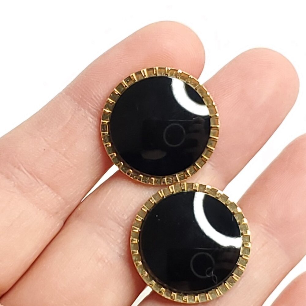 Vintage Lamode Cufflinks Gold Tone Black Round Karatclad